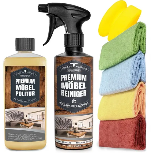 URBAN FOREST Möbelreiniger+Möbelpolitur á500ml+4 Tücher+Schwamm Holzreiniger (4-St. Möbelreiniger+Möbelpolitur á500ml+4Tücher+Schwamm Möbel, Holz)