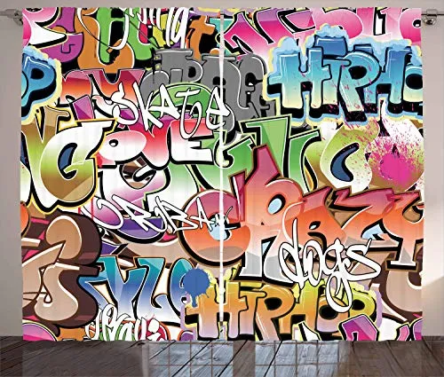 ABAKUHAUS urban Graffiti Rustikaler Vorhang, Blockbuster Schlagwörter, Wohnzimmer Universalband Gardinen mit Schlaufen und Haken, 280 x 225 cm, Weiß Mehrfarbig