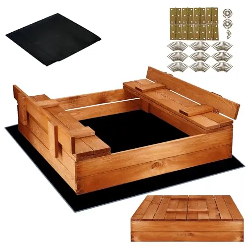 SPRINGOS Sandkasten für Kinder aus Holz Abdeckung 2 Sitzbänke 98 x 98 cm imprägniert