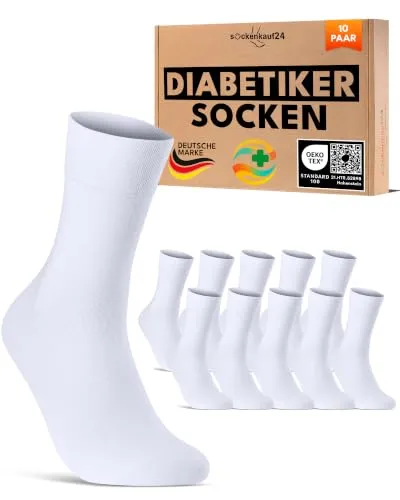 sockenkauf24 10 Paar Diabetikersocken für Herren & Damen ohne Gummibund & ohne Naht aus Baumwolle Diabetiker Socken mit Komfortbund ohne Gummi 70208T (Weiß 43-46) WP