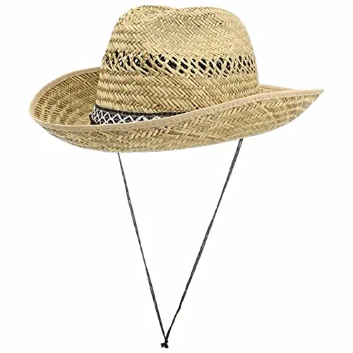 Lipodo Texas Strohhut Damen Herren Hut 100% Stroh Sonnenhut Made in Italy Cowboyhut S-XL Westernhut Kinnband Frühjahr Sommer Natur L (58-59 cm)