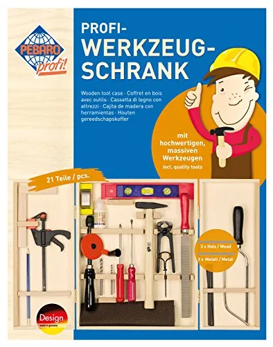 PEBARO 412 Profi-Werkzeugschrank mit 21 Teilen - Spielware für Heimwerkerprofis, hochwertiges Werkzeug-Set im kompakten Holzschrank, ideal für pädagogisches Basteln und kreative Projekte.