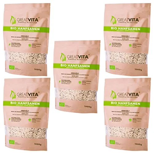 GreatVita Bio Hanfsamen, geschält, (5 x 1000g) natürliches Protein, Eiweiß
