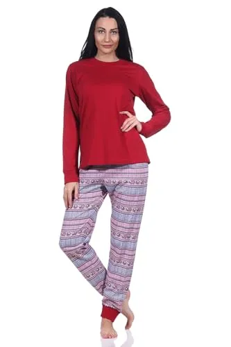 Normann Damen Schlafanzug mit Bündchen Pyjama im wunderschönen Ethnolook, Farbe:rot, Größe:44-46
