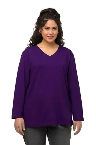 Ulla Popken Damen große Größen Übergrößen Plus Size Shirt, V-Ausschnitt, Relaxed, Langarm tiefes violett 50+ 725334840-50+