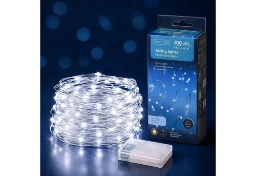 Lumineo LED-Lichterkette, LED Draht Lichterkette 4,95m Batterie 100 Micro-LEDs Kaltweiß Silber