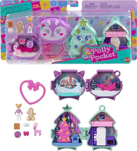 Polly Pocket Winter Holiday Schatulle - Spielfigurenwelten mit stapelbaren Schatullen für doppelten Spielspaß! Enthält Minipuppe und Zubehör für kreative Abenteuer, ideal für Kinder ab 4 Jahren.
