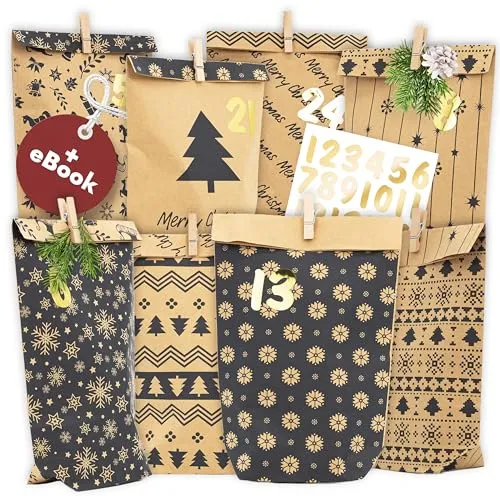 AMARI ® Adventskalender zum Befüllen - 24 Papier Adventstüten (mit Holzklammern) zum Basteln für Weihnachten - Papier Weihnachtstüten mit Zahlenaufkleber