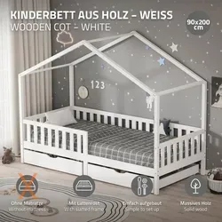 ML-DESIGN Spielbett Hausbett Kinderbett 90x200 cm - Stilvolles Hausbett aus massivem Kiefernholz mit Lattenrost und zwei praktischen Schubkästen für zusätzlichen Stauraum. Ideal für kreative Träume und Ordnung im Kinderzimmer.