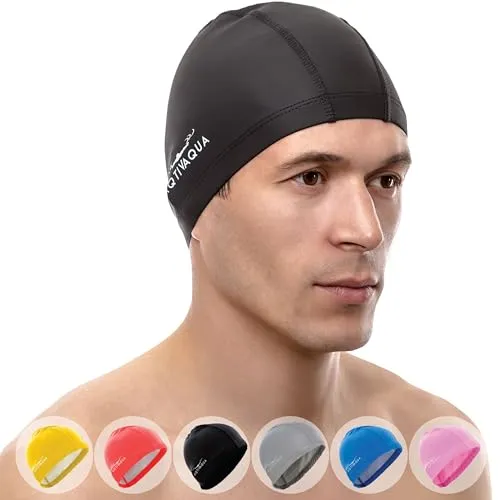 AqtivAqua Badekappe Damen Herren Mädchen Jungen Kinder Spandex Stoff Schwimmkappe Badekappen Schwimmhaube (Farbe Schwarz)