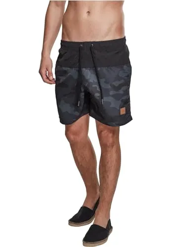 Urban Classics Herren Block Swim Shorts – Badeshorts mit Kordelzug & Taschen, schnelltrocknend, ideal für Strand, Pool & Urlaub,Blk/Darkcamo,XXL