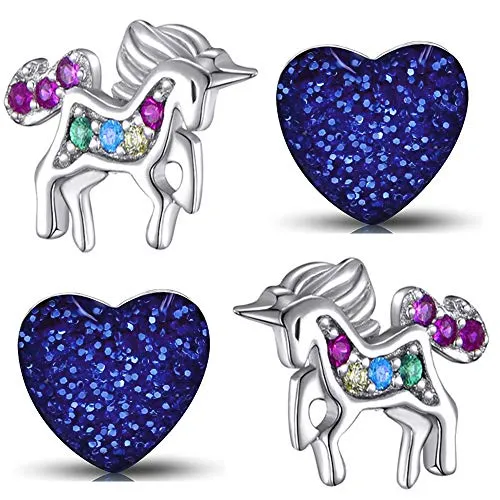 2x Mädchen Ohrringe aus echt 925 Sterling Silber Edelstahl Kinder Schmuck Ohrstecker Einhorn Pferde Herz (K955+K249 Kristall Glitzer)