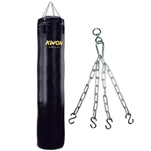 Kwon® Sandsack 180 cm mit Stahlkette - Punchingsack aus schwarzem Kunstleder, ideal für das Training. Geliefert mit verchromter Stahlkette und Karabinerhaken zur Anpassung der Höhe. Ungefüllter Sandsack, max. Füllgewicht 70 kg.