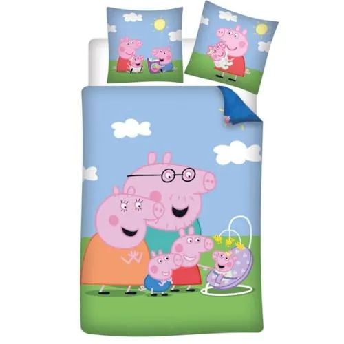 Bettwäsche Peppa Pig Family, 140 x 200 cm - Gestalten Sie die Schlafenszeit Ihres Kindes mit dieser fröhlichen Peppa Pig Bettwäsche. Das Set umfasst einen Bettbezug und einen wendbaren Kissenbezug, ideal für süße Träume und hohen Komfort.
