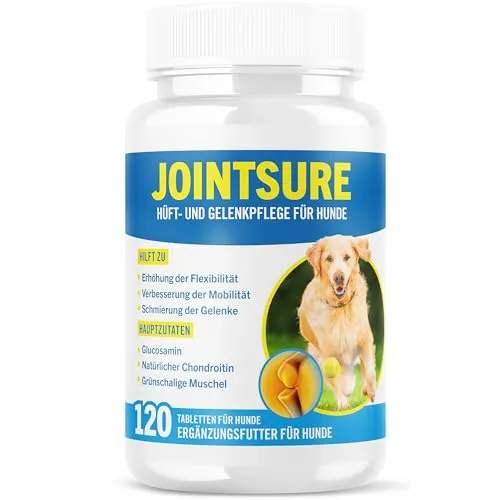 Gelenktabletten Hund - JOINTSURE Premium Gelenk Kapseln, 120 Tabletten mit Glucosamin, Gelenkpulver & Grünlippmuscheln, für verbesserte Mobilität & Gelenkgesundheit bei Hunden