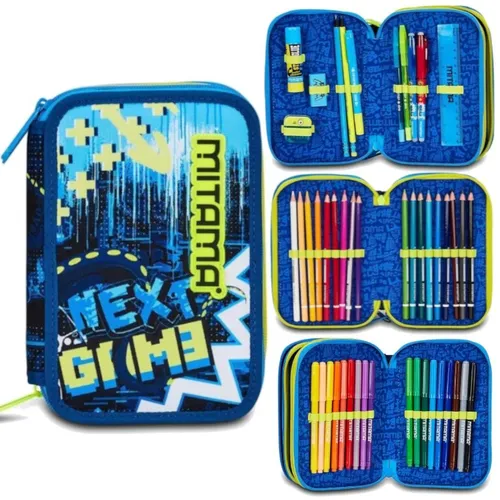 Mitama Federmäppchen für die Schule - 3 Fächer, 47-teiliges Set mit exklusiven Grafiken, inklusive Bleistiften und Filzstiften für kreatives Lernen