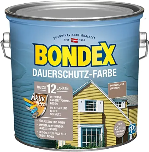 Bondex Dauerschutz Farbe Sonnenlicht (Sahara) 2,5 L - Lacke mit hervorragender Farbstabilität und bis zu 12 Jahren Wetter- und UV-Schutz. Ideal für Holzfassaden und Innenverkleidungen, sorgt für langanhaltenden Schutz und Sicherheit für Kinderspielzeug.