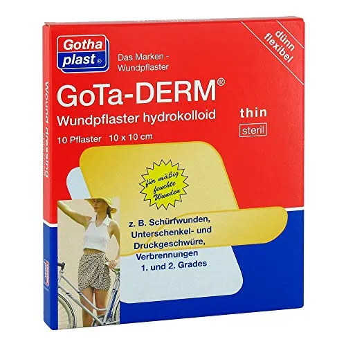 Gota-Derm Thin Wundpflaster 10 x 10 cm - 10 Stück - Arzneimittel zur Behandlung von Hautgeschwüren und Verbrennungen, extra dünn, flexibel und schmerzfrei abnehmbar für optimale Wundheilung.