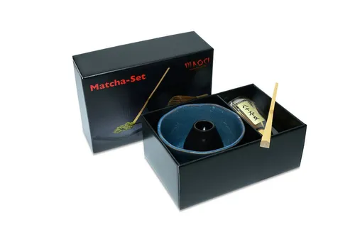 MAOCI Teeschale Matchaset Premium jeansblau mit Besen und Löffel - Elegantes 4-teiliges Set für die perfekte Matchazubereitung. Spülmaschinen- und mikrowellengeeignet – ideal für Tee-Liebhaber. Kommt in einem schönen Geschenkkarton.