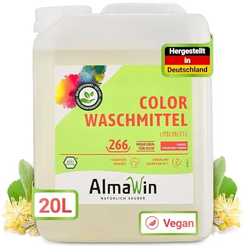 Almawin Waschmittel - Color 20L - Waschmittel für farbige Textilien, schützt vor Verblassen und sorgt für dauerhafte Farbbrillanz. Mit blumigem Lindenblütenduft, dermatologisch getestet und vegan.