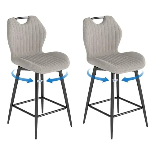 WAFTING 360° Drehbar Barhocker 2er Set, 65cm Sitzhöhe – Atmungsaktiver Barstuhl mit Griff, aus Stoff, Gepolstert, mit Lehne & Fußstütze, Küchenhocker für Küche, Theke, Kücheninsel, Mokkagrau