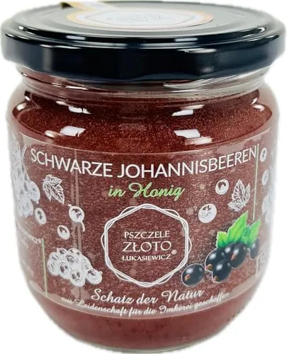 IMKERSHOP Honig mit Schwarze Johannisbeeren 500 g - 0,5kg - Großes Glas - Bienenhonig - Europäischer Naturhonig - In der EU hergestellt - Zum Süßen - Zuckerersatz - Für Backwaren