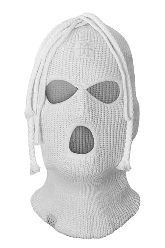 Manufaktur13 Dread Balaclava - 3-Loch Sturmmaske mit Dreadlocks, Sturmhaube mit Haare, Skimaske in versch. Farben, Multifunktionsmaske, elastisch/dehnbar, gestrickt (White)