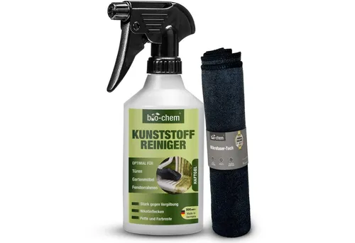 bio-chem bio-chem Kunststoffreiniger – gegen Vergilbungen & Nikotin Kunststoffreiniger (Sparpaket, [- Kunststoffreiniger 0.5 l Handsprayflasche + Mikrofasertuch Haftet gut – viskose, gelartige Konsistenz)