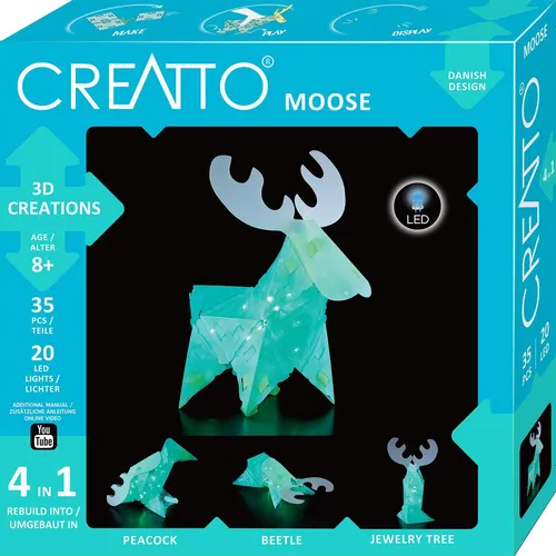 Kosmos CREATTO Elch 3D-Leuchtfiguren entwerfen, 3D-Puzzle für Elch, Pfau, gestalte kreative Kinderzimmer-Deko, 36 Steckteile, inkl. 20-tlg. LED-Lichterkette, für Kinder und Erwachsene