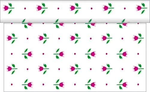 Sovie HOME Tischläufer Tilly aus Linclass Airlaid, 40cm x 4,80m, 1 Stück, perforiert alle 30cm, Design mit kleinen roten Tulpen auf weißem Grund, Frühling Deko