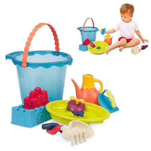B. toys Sandspielzeug 9 Teile mit Eimer groß – Sandkasten Spielzeug, Strand, Spielplatz mit Schaufel, Sieb, Sandförmchen – Spielzeug ab 18 Monaten