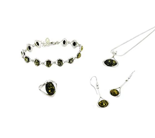 MyBer® Bernstein Schmuckset Halskette Pendant Armband Ohrringe Ring Schmuck Set Damen Sterling Silber 925 grün PMBER11