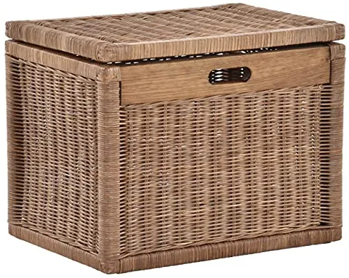 Rattan Regalkorb mit Deckel - Groß, Hellbraun - Hochwertiger geflochtener Regalkorb aus Rattan, ideal für die stilvolle Aufbewahrung im Badezimmer. Mit praktischem Klappdeckel und handgefertigtem Holzrahmen für mehr Ordnung.