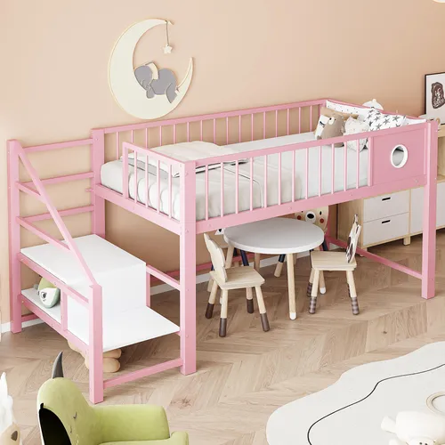 MODFU Kinderbett Einzelbett 90x200 mit Aufbewahrungsleiter – Metallbett Rosa