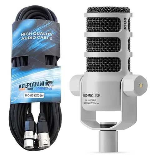 RØDE Podmic USB Weiss Mikrofon Set - Dynamisches Sprechermikrofon für Podcasts und Streaming, mit integrierten Effekten und Dual-Connect-Anschluss für XLR und USB-C. Ideal für professionellen Sound ohne Nachbearbeitung.