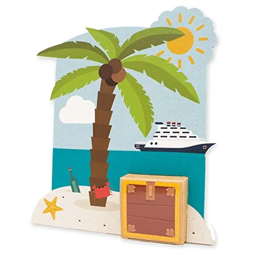 itenga Geldgeschenk oder Gastgeschenk Verpackung Urlaub Insel mit Strand Palme und Schatztruhe aus Karton 19x17cm