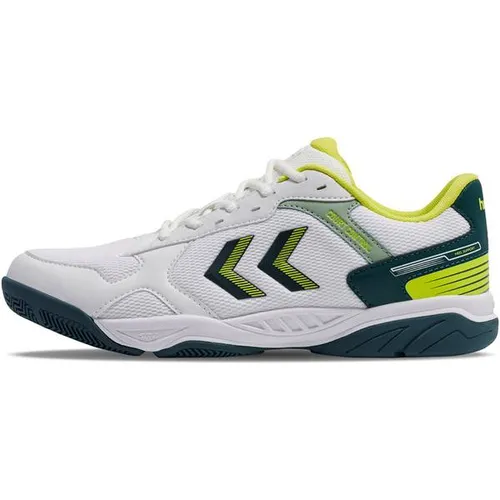 Hummel Court Control II Hallenschuhe Weiß/Grün/Gelb 40 - Vielseitige Hallenschuhe für Hartplätze und Teppichböden, atmungsaktiv und strapazierfähig. Ideal für schnelle Bewegungen und optimalen Komfort während des Spiels.