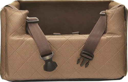 BoutiqueZOO Hundesitz Auto M 47x40x25 cm | r Autositz für Hunde & Katzen | Kunstleder | Mit Kissen & Leinen | Braun Metallic