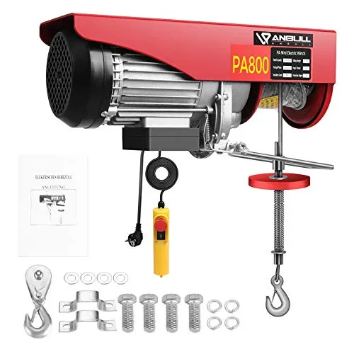 Anbull PA800 Elektrische Seilhebezug,elektrische Seilwinde, 400kg bis 800kg Elektrische Motorwinde, 220V/1450W,KabelFernbedienung 12m Hebezug Seilzug, Hohe Sicherheit mit Not-Aus-Schalter