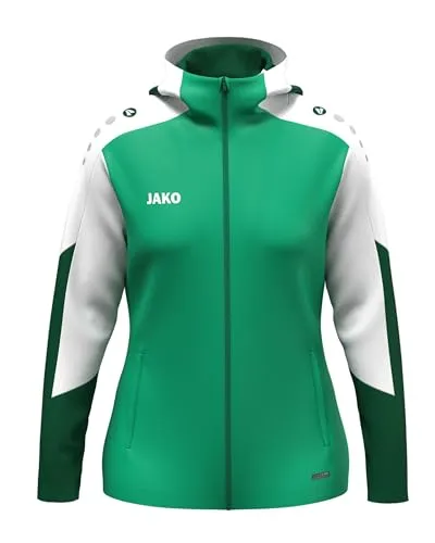 JAKO Damen Kapuzenjacke Dynamic - Sportlicher Stil in grün/weiß/dunkelgrün - Funktionsjacken für Damen mit praktischen Reißverschlusstaschen und schützender Kapuze, ideal für Sport und Freizeitaktivitäten.