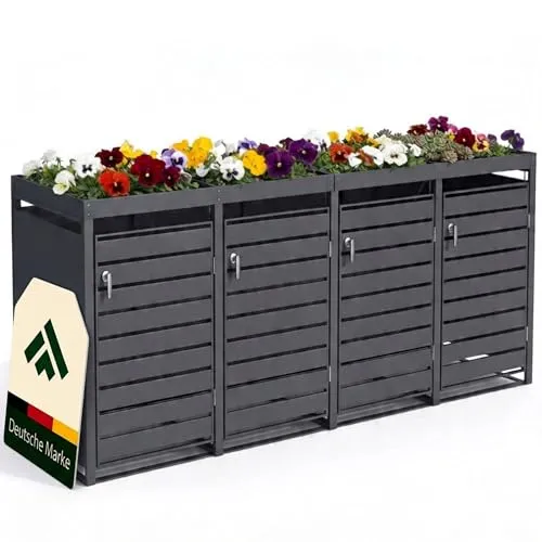 novaterra® Mülltonnenbox Metall Anthrazit für 4×240L - Stilvolle Mülltonnenverkleidung mit Pflanzdach - Praktische Mülltonnenbox für bis zu zwei 240-Liter-Tonnen. Mit integriertem Pflanzdach für eine ansprechende Optik im Außenbereich. Wetterfestes, pulverbeschichtetes Metall sorgt für Langlebigkeit und Schutz.