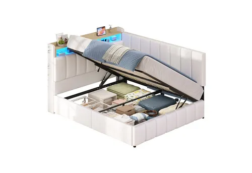 KIMENICH Jugendbett mit LED Beleuchtung und USB-Ladestation in Weiß, 140 x 190 cm - Praktisches Polsterbett mit verstecktem Stauraum unter dem Lattenrost und cleverem Kopfteil. Ideal für mehr Ordnung und Komfort im Schlafzimmer. Inklusive integrierter LED-Beleuchtung für sanftes Licht.