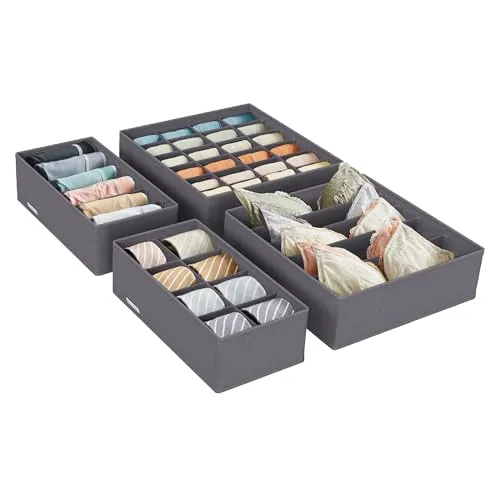 SONGMICS Unterwäsche-Organizer 4er Set, Schubladen-Organizer, faltbar, Ordnungssystem Kleiderschrank, Aufbewahrungsbox Schrank, Stoffboxen Aufbewahrung, für BHs, Socken, Krawatten, grau RUS04GY