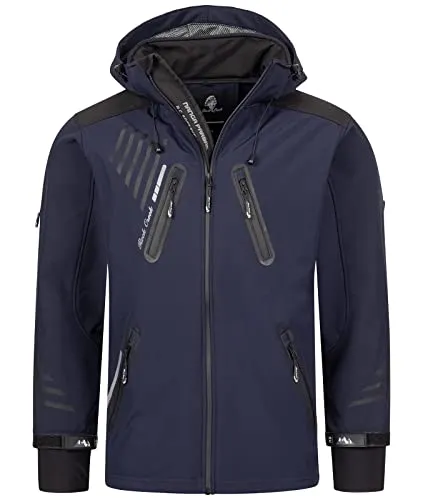 Rock Creek Herren Softshell Jacke H-140 - Navy XL - Funktionsjacke mit Winddichtigkeit und Atmungsaktivität, ideal für die Übergangszeit. Abnehmbare Kapuze und zahlreiche Taschen bieten praktischen Stauraum für Outdoor-Aktivitäten.