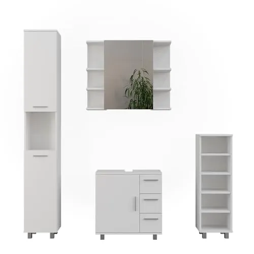 Vicco Badmöbel-Set Ilias, Weiß, 4 Teile - Badmöbel-Set für ein modernes Badezimmer, inklusive Waschbeckenunterschrank und Spiegelschrank, bietet Funktionalität und Stil in einem!