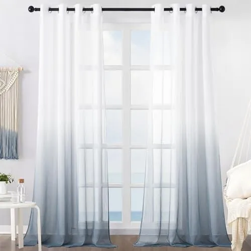 MRTREES Voile Gardinen Farbverlauf Leinenoptik Transparent Vorhang Kurz Tüllvorhang mit Ösen in Grau Weiß Verlauf 245×140cm (H×B) Modern für Dekoration Kinderzimmer Wohnzimmer Schlafzimmer 2er-Set