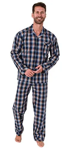 Edler Herren Pyjama Langarm Schlafanzug gewebt zum Knöpfen im Karo Design - 65342, Farbe:blau, Größe:56