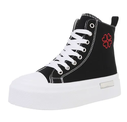 Ital-Design Damen High-Top Freizeit Sneakerboots mit Keilabsatz - Stylische High-Top Wedge Sneakers in Schwarz, ideal für Freizeitlooks. Mit 5 cm Absatzhöhe und bequemer Schnürung für optimalen Tragekomfort.