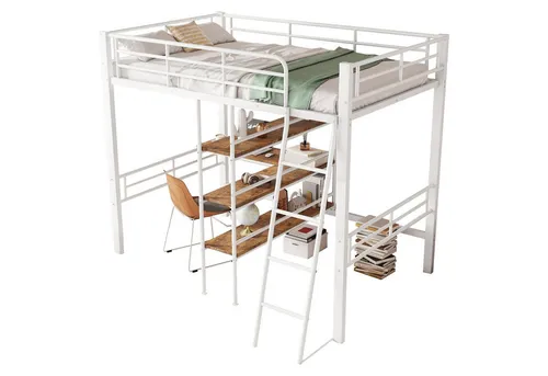 SOFTWEARY Hochbett mit Schreibtisch und Regal (90x200 cm) Rausfallschutz, Metallbett