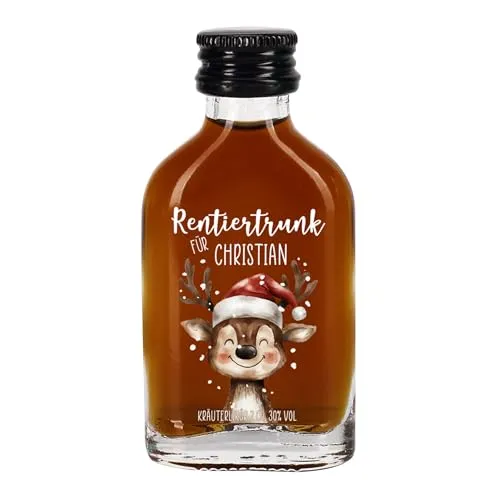 Herz & Heim® Personalisierter Schnaps zu Weihnachten – Mini-Flasche Likör zu Weihnachten – 2 cl Fruchtlikör oder Kräuterlikör – Rentier-Motiv mit Name – Mitbringsel & Geschenkidee (Kräuterlikör)